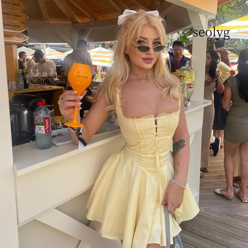 Lace Hollow A Line Yellow Holiday Mini Dress