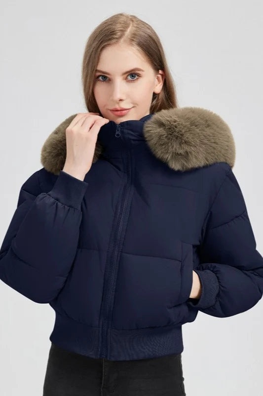 Quilted Cropped Faux Fur Collar Coat