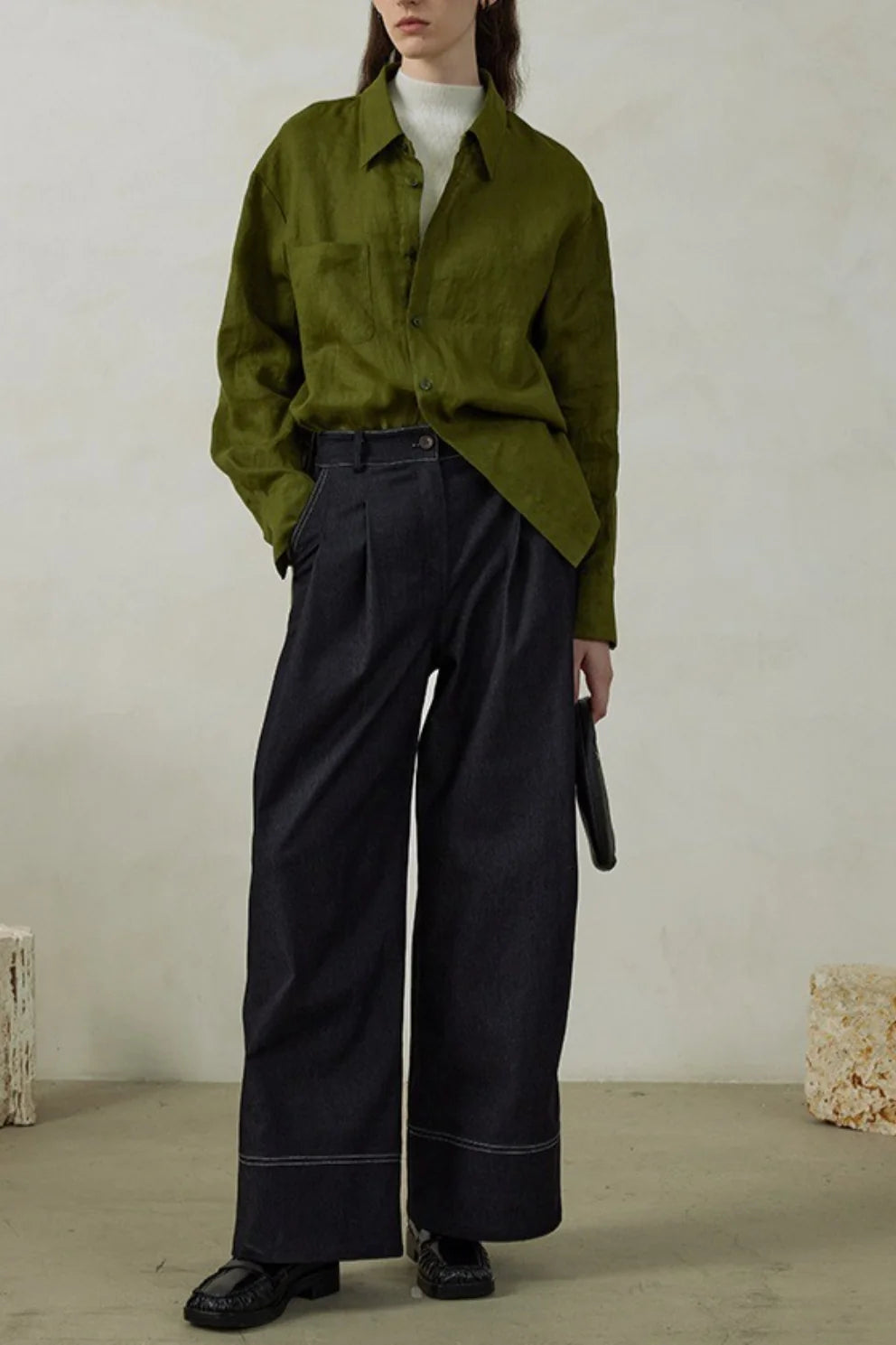 Linen Green Oversized Versatile Long Sleeve Blouse
