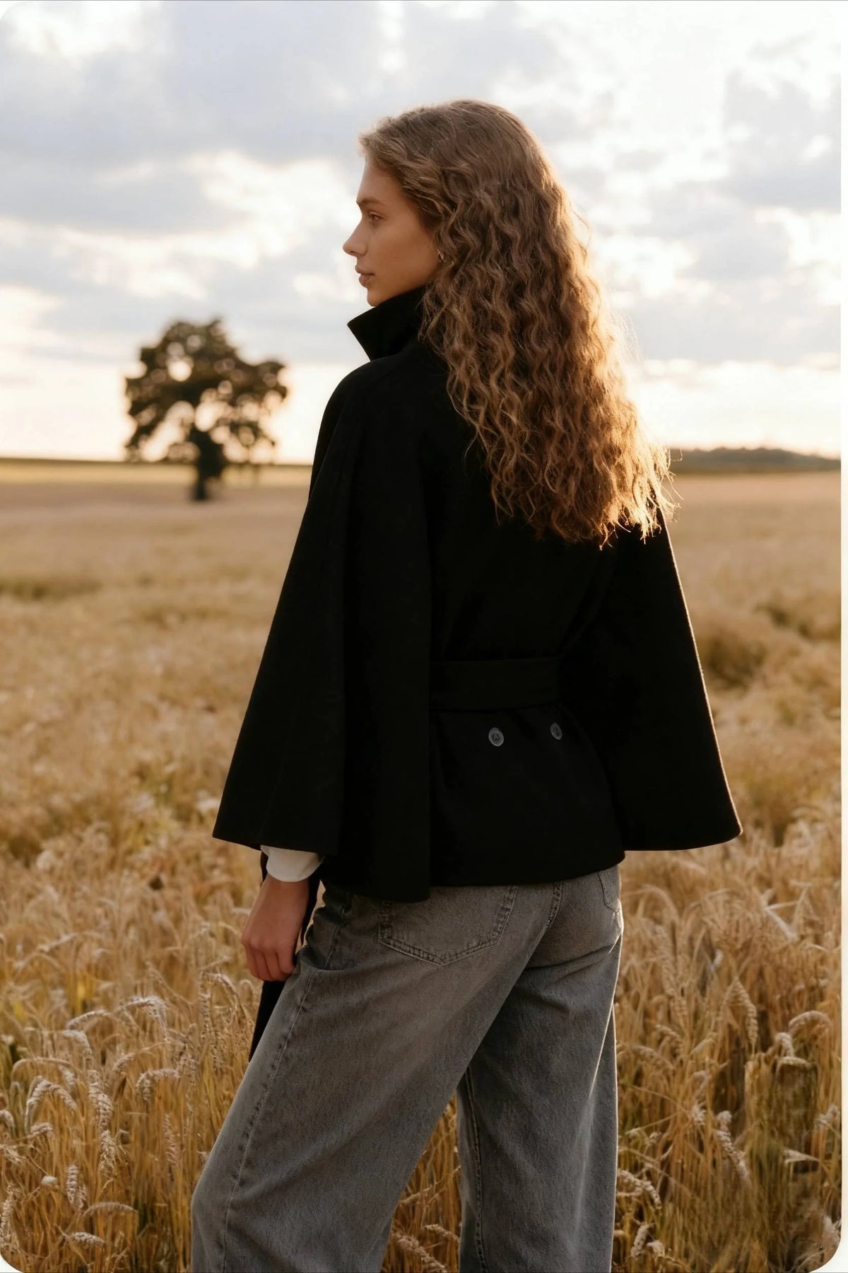 Button Up Stand Collar Cape Coat