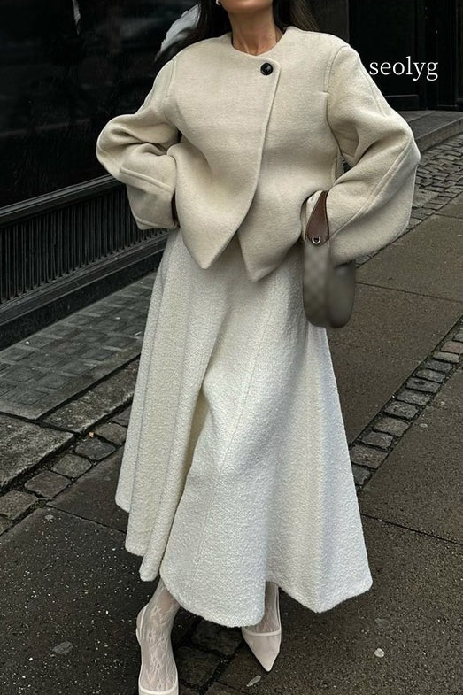 Winter Wool Round Neck Cropped Coat