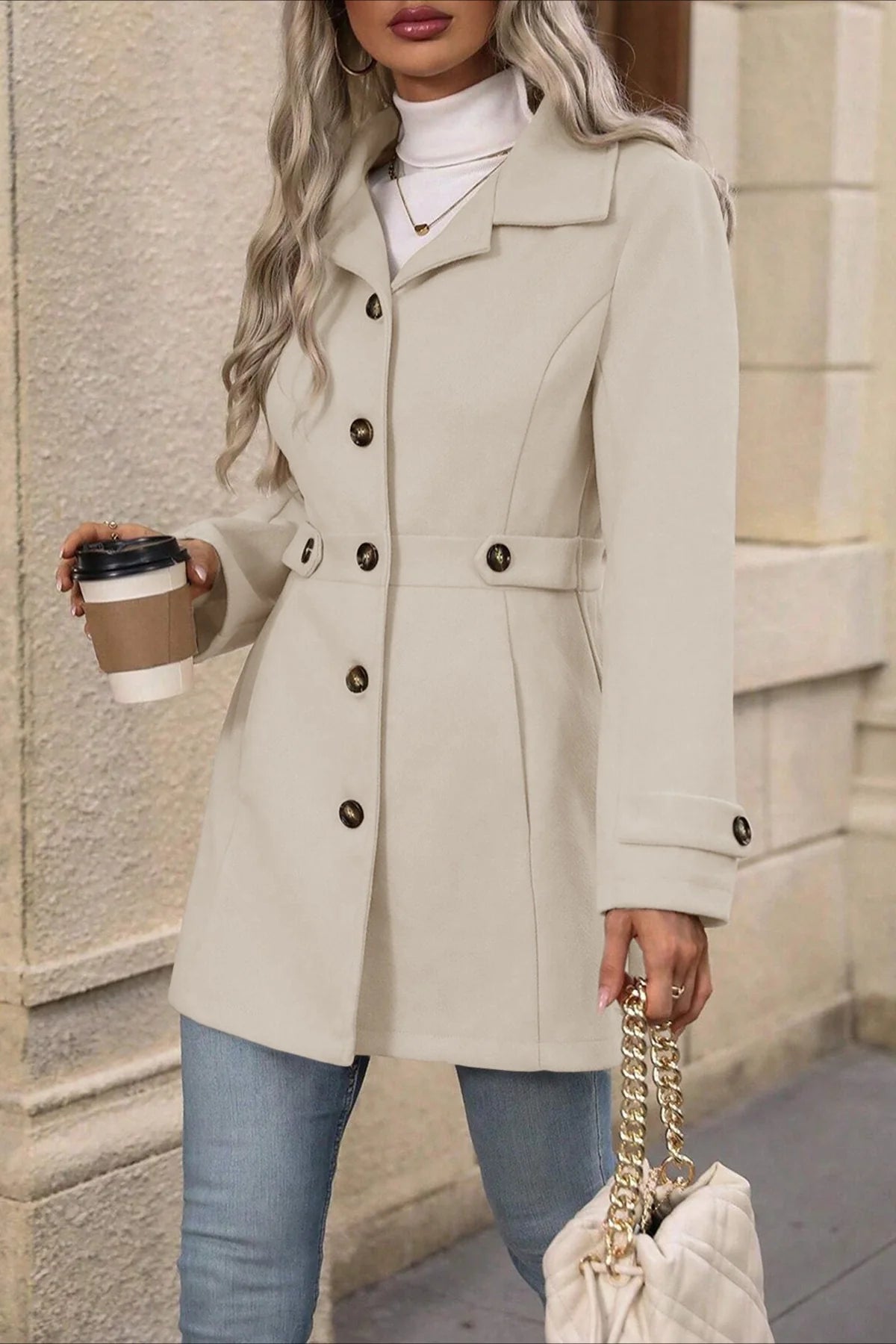 Midi Wool Blend Belted Notch Lapel Coat