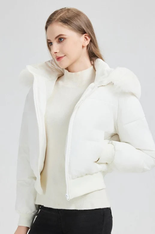 Quilted Cropped Faux Fur Collar Coat