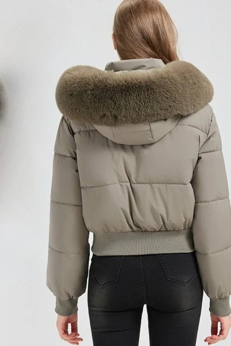 Quilted Cropped Faux Fur Collar Coat