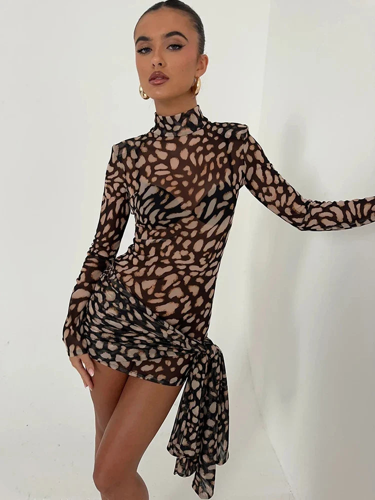 Leopard Sheer Bandage Long Sleeve Mini Dress