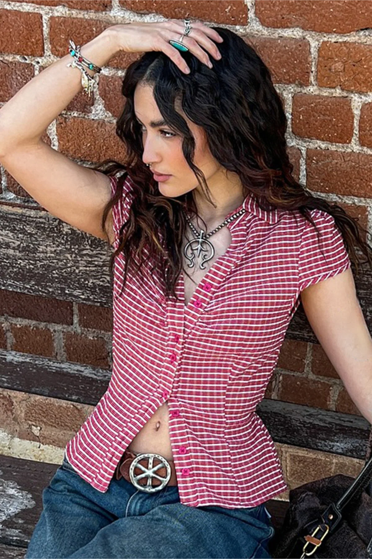 British Style Plaid Ruffled V Neck Puff Sleeve Tie Waist Blouse