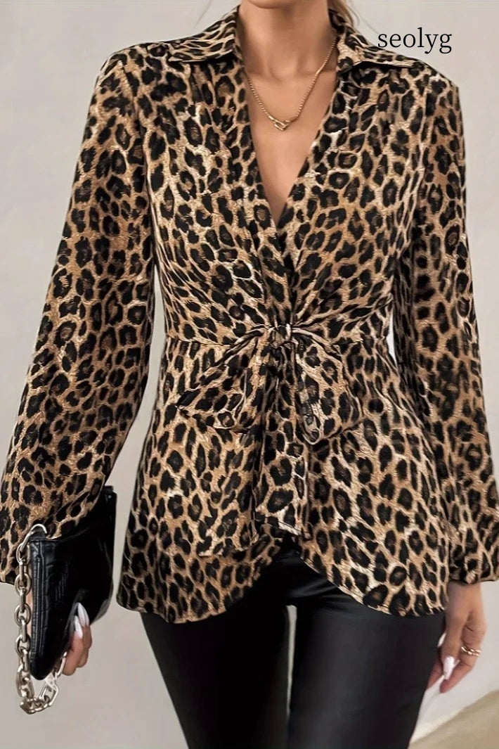 Leopard Print Tie Front V Neck Lightweight Elegant Blouse
