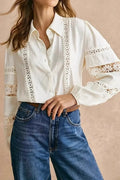 Elegant Lace Trim Cutout Panel Long Sleeve Blouse