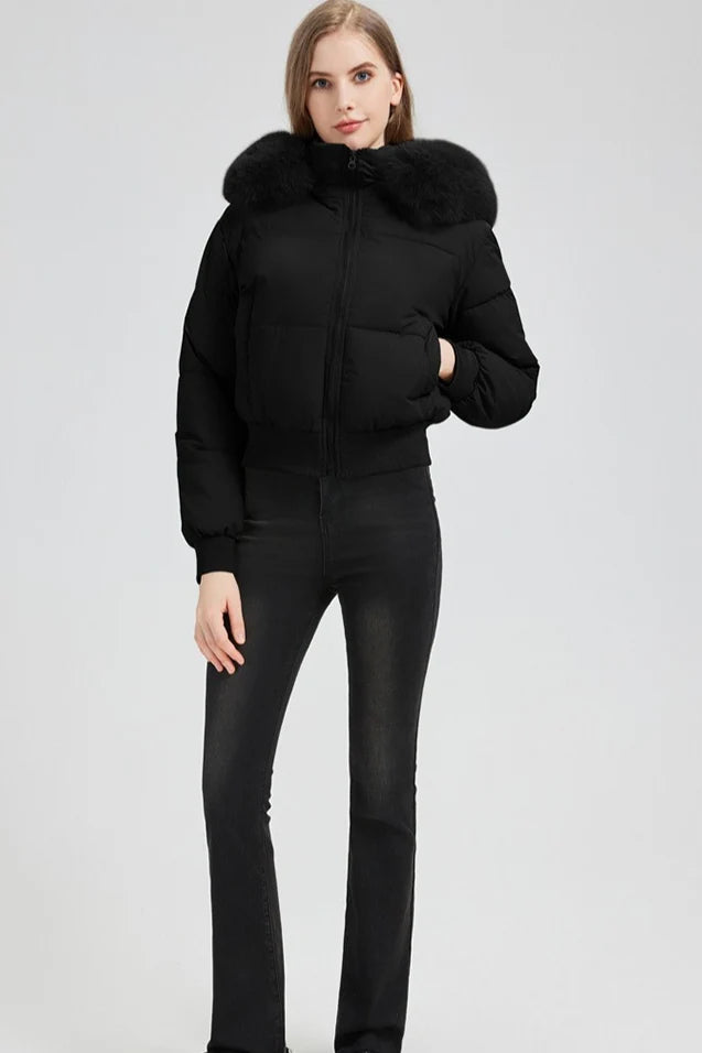 Quilted Cropped Faux Fur Collar Coat