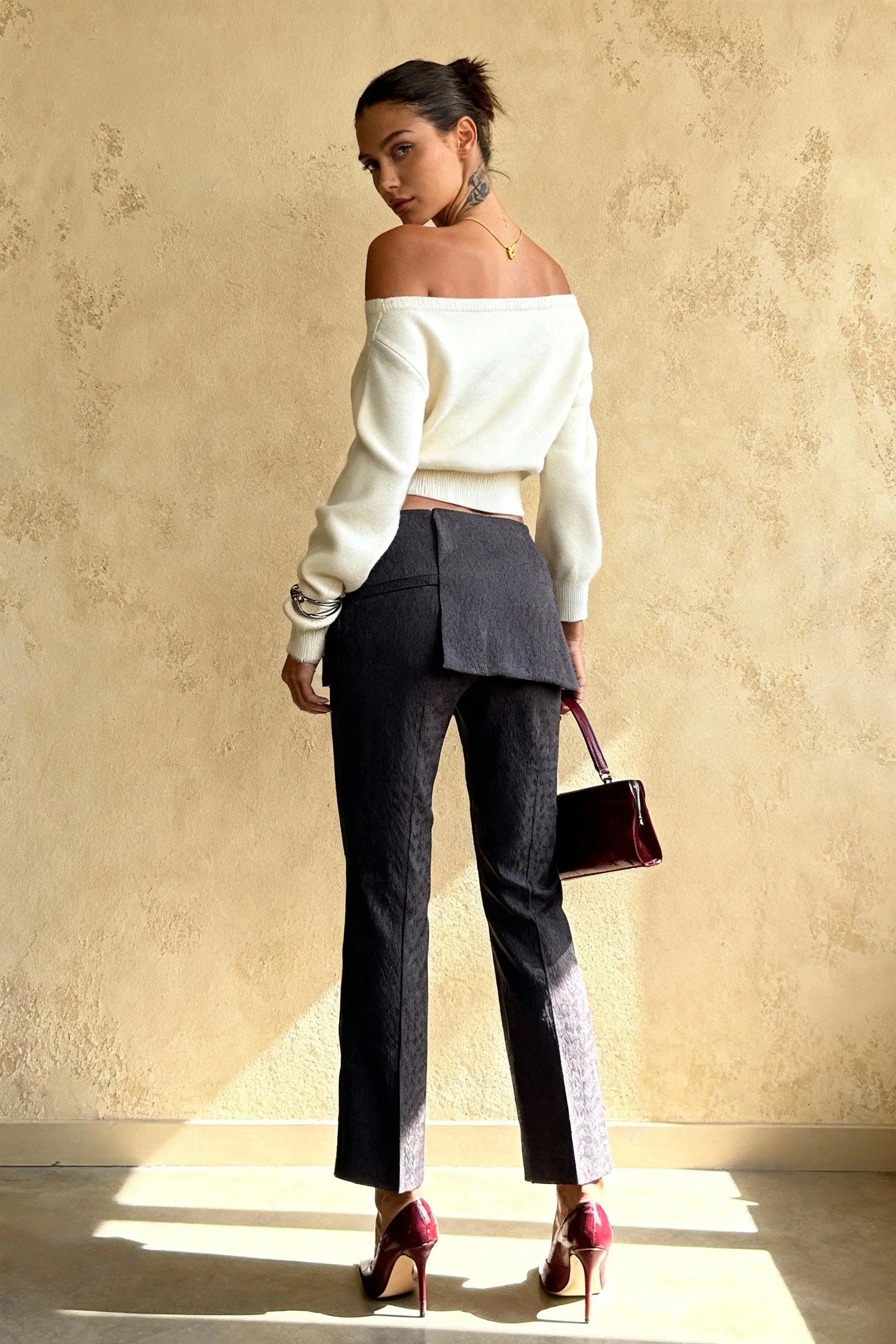 Minimalist Slim Asymmetrical Neck Long Sleeve Blouse
