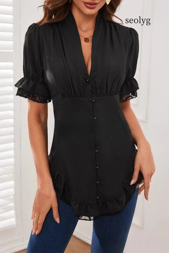 Steampunk Victorian Tie Front Short Sleeve Ladies Blouse
