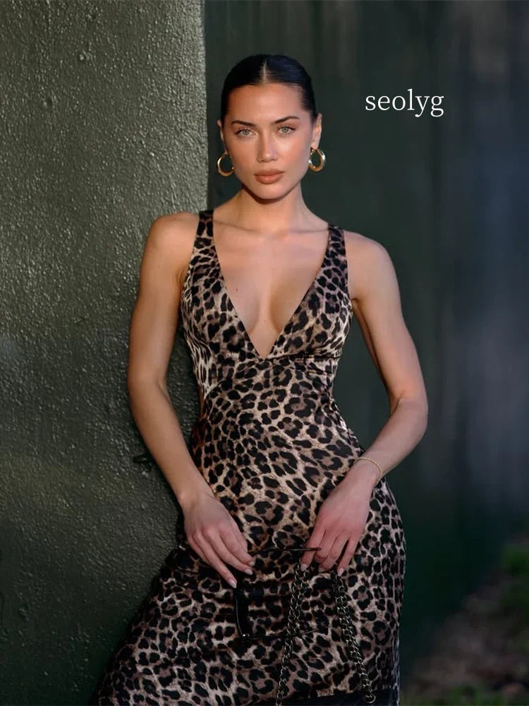 Leopard Backless V Neck Club Mini Dress