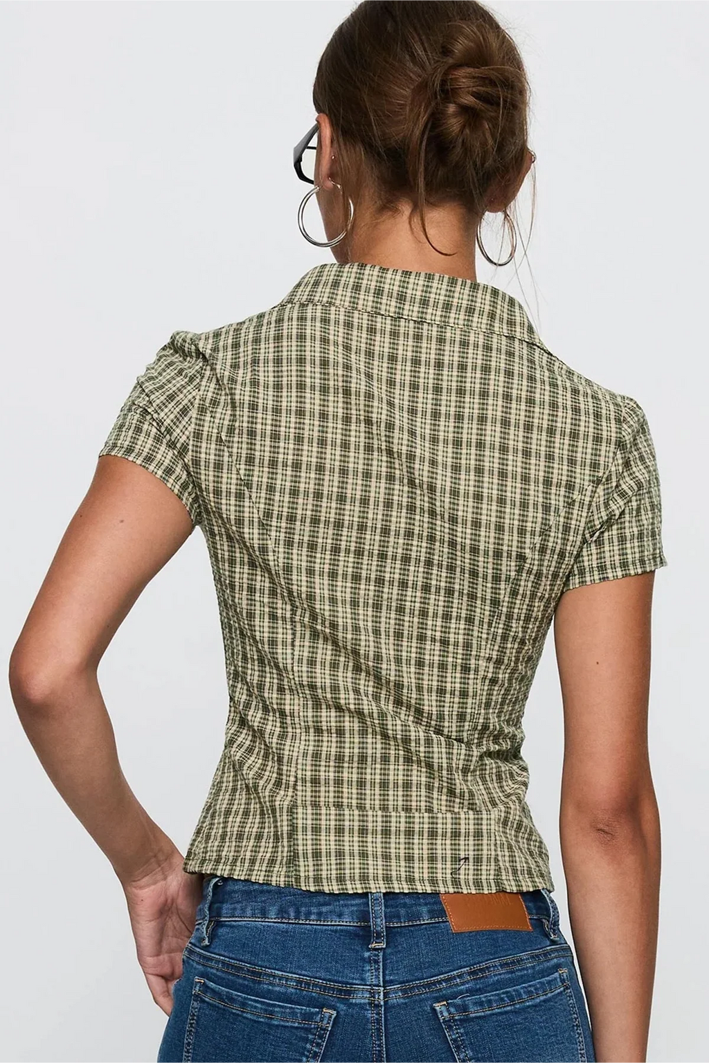 British Style Plaid Ruffled V Neck Puff Sleeve Tie Waist Blouse