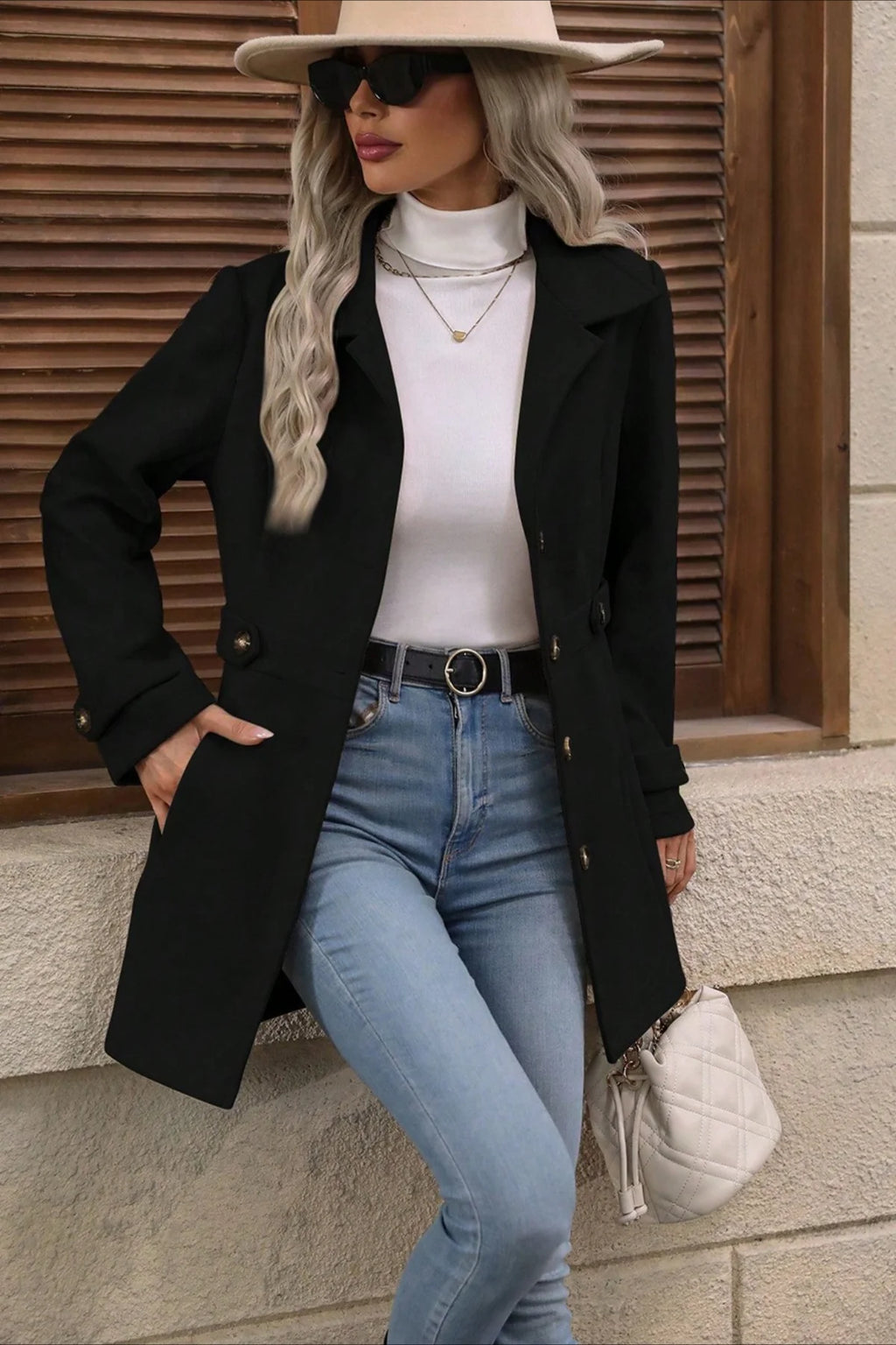 Midi Wool Blend Belted Notch Lapel Coat