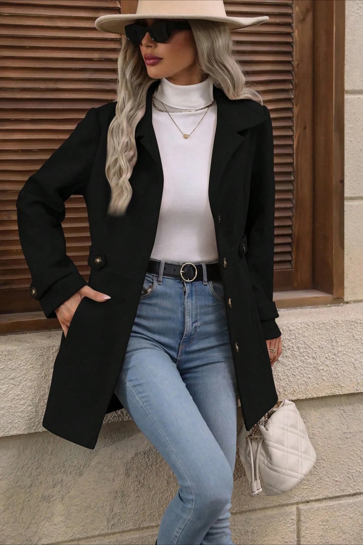 Midi Wool Blend Belted Notch Lapel Coat