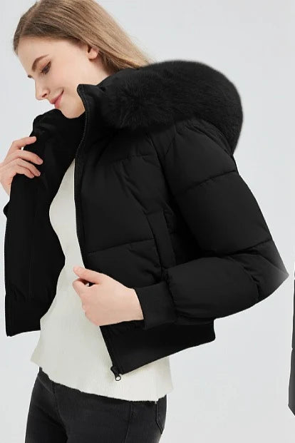 Quilted Cropped Faux Fur Collar Coat