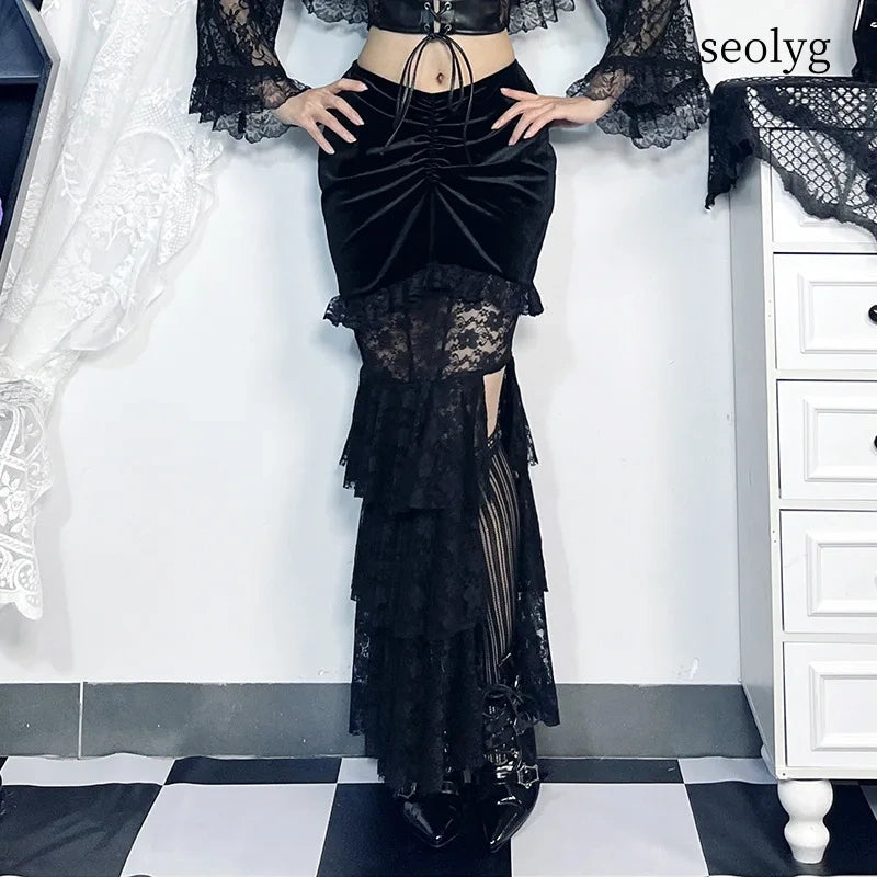 Gothic Folding Fishtail Multi-layer Splicing Split Woman Velvet High Waist Lace Patchwork Mermaid Skirt