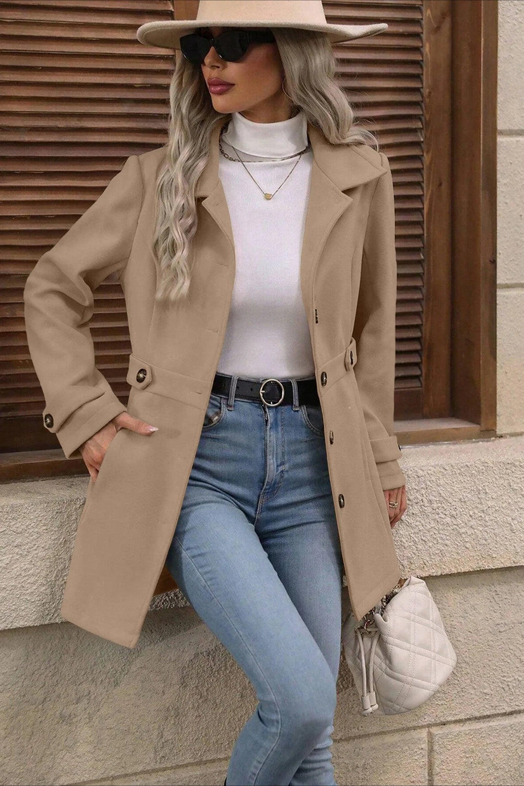 Midi Wool Blend Belted Notch Lapel Coat