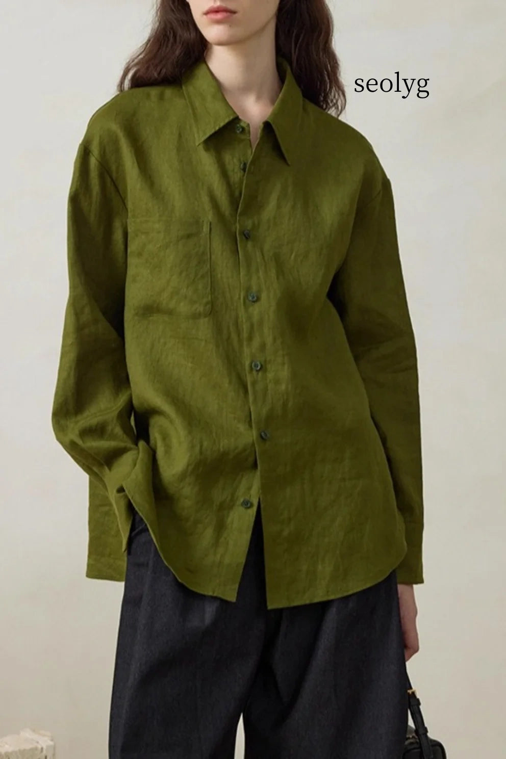 Linen Green Oversized Versatile Long Sleeve Blouse