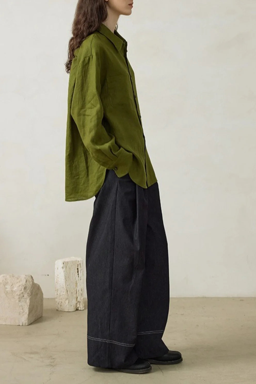Linen Green Oversized Versatile Long Sleeve Blouse