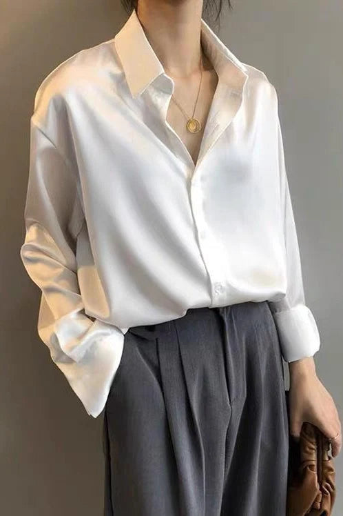 Satin Vintage Unique Draped Long Sleeve Blouse