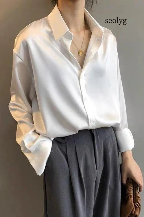 Satin Vintage Unique Draped Long Sleeve Blouse