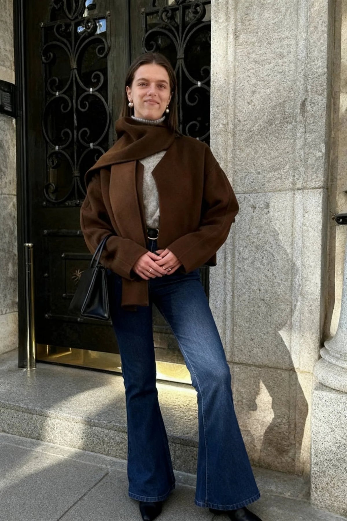 Brown Woolen Round Neck Scarf Coat