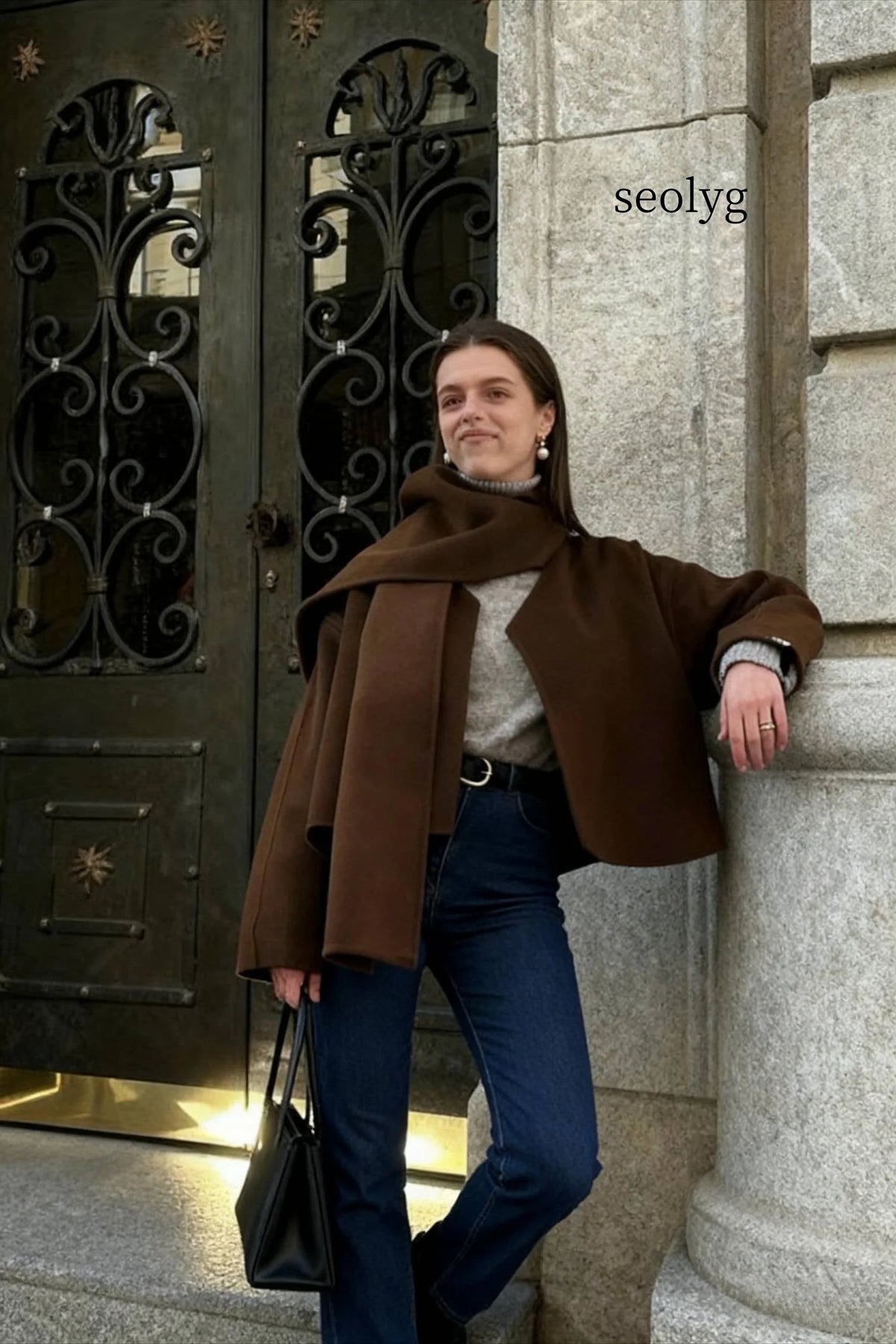 Brown Woolen Round Neck Scarf Coat