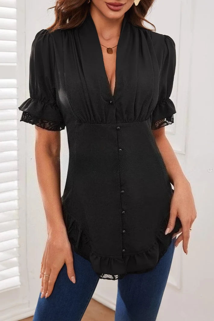 Steampunk Victorian Tie Front Short Sleeve Ladies Blouse