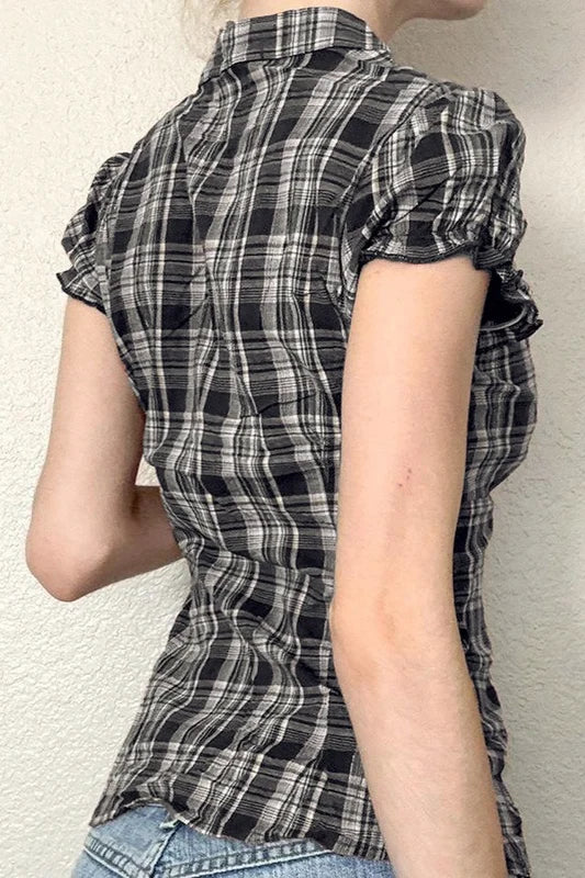 British Style Plaid Ruffled V Neck Puff Sleeve Tie Waist Blouse