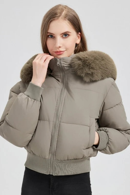Quilted Cropped Faux Fur Collar Coat