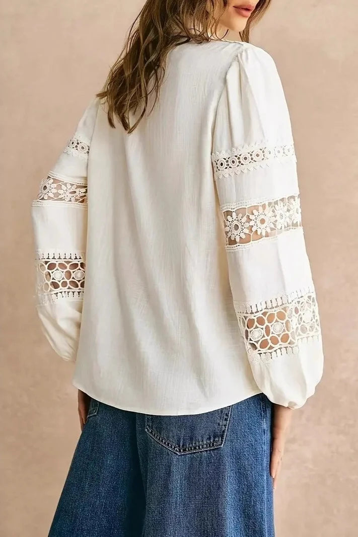 Elegant Lace Trim Cutout Panel Long Sleeve Blouse