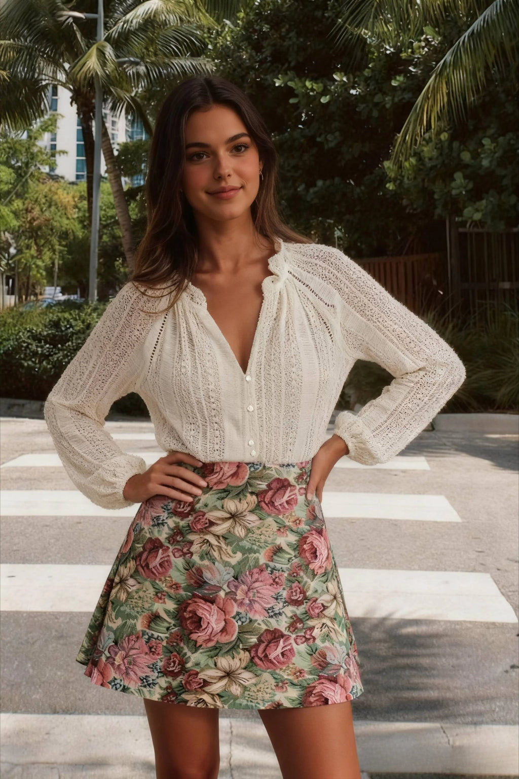 Long V-Neck Lace Button Up Shirt