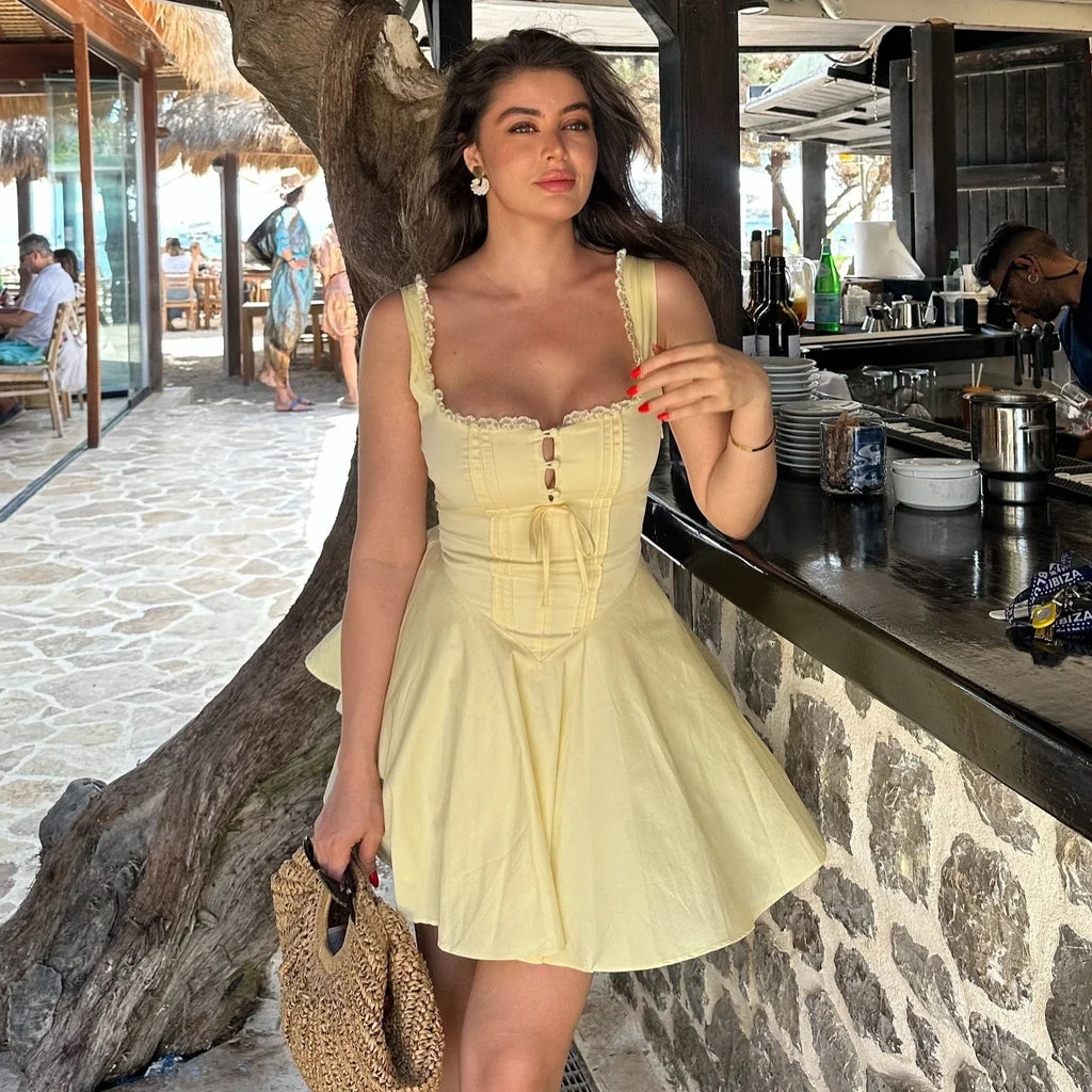 Lace Hollow A Line Yellow Holiday Mini Dress