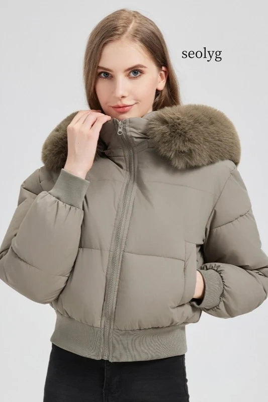 Quilted Cropped Faux Fur Collar Coat