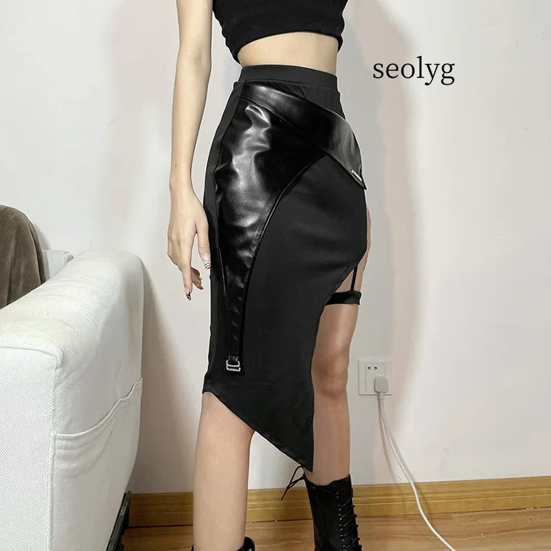 Sexy Black Elastic Style Fashionable Chic Simple Casual Handsome Cool Slit Waist Women's Skirt