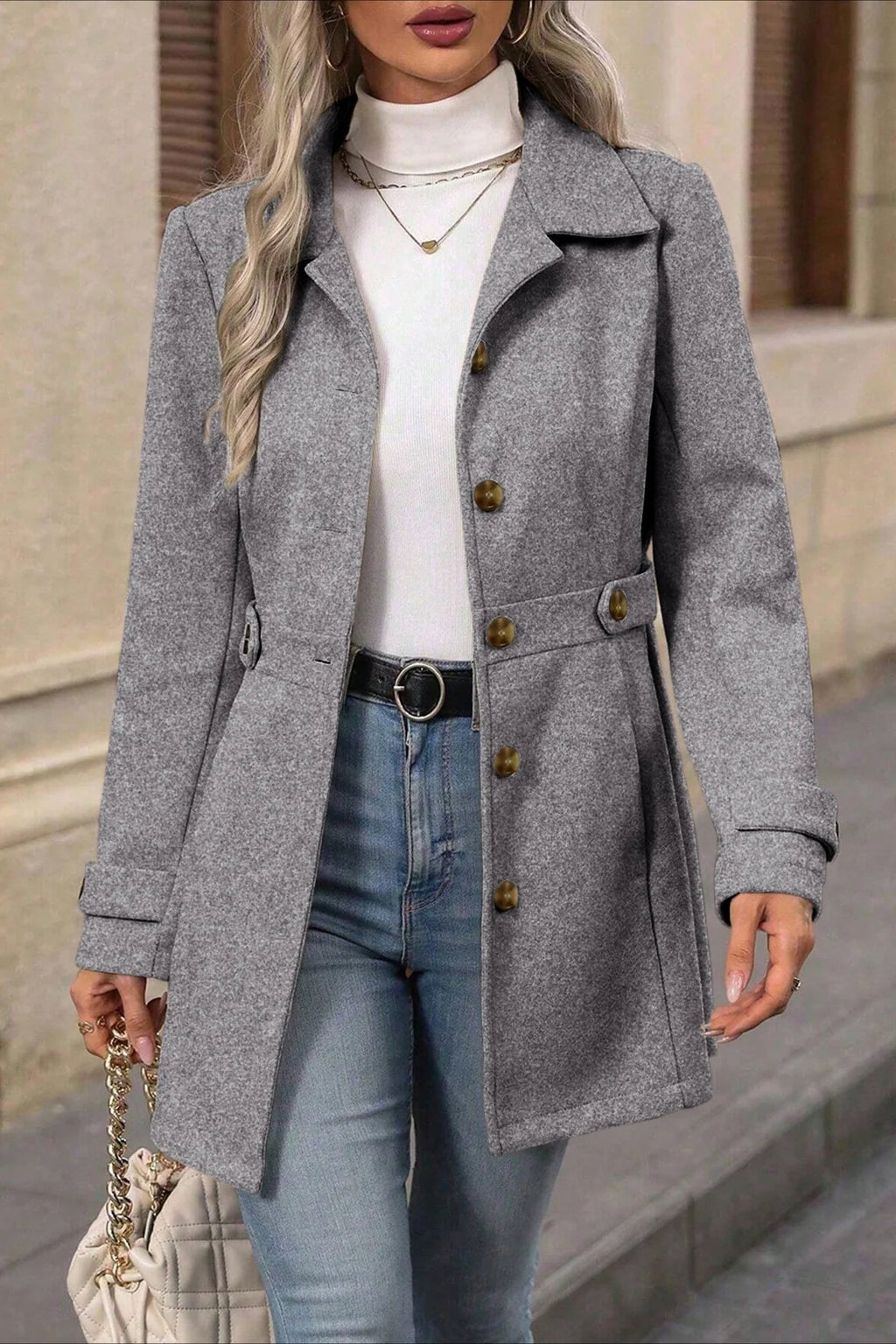Midi Wool Blend Belted Notch Lapel Coat