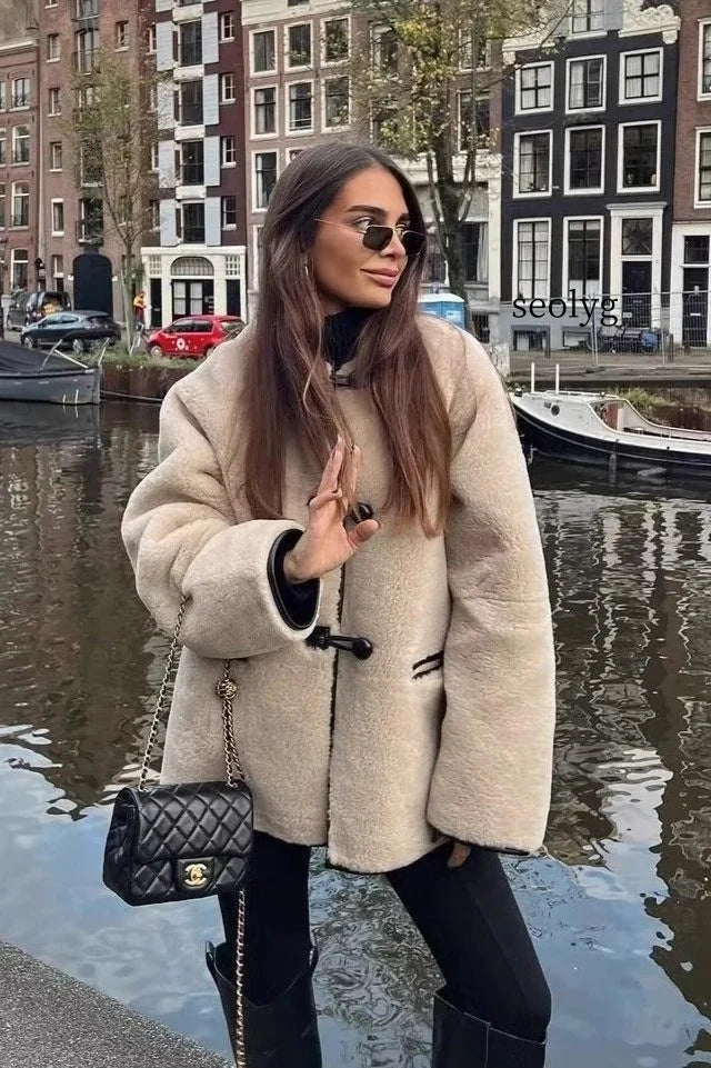 Round Neck Faux Fur Long Coat