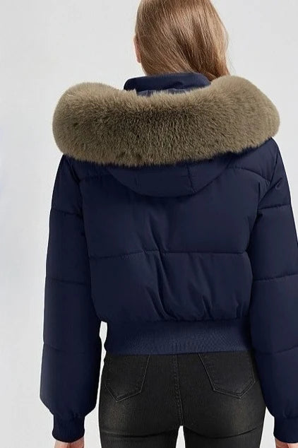Quilted Cropped Faux Fur Collar Coat
