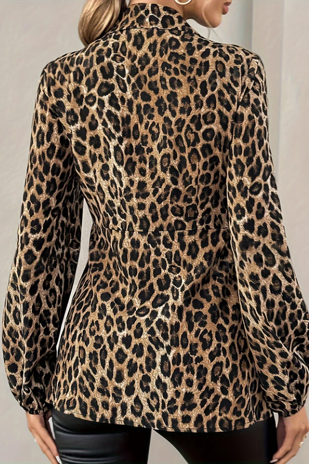 Leopard Print Tie Front V Neck Lightweight Elegant Blouse