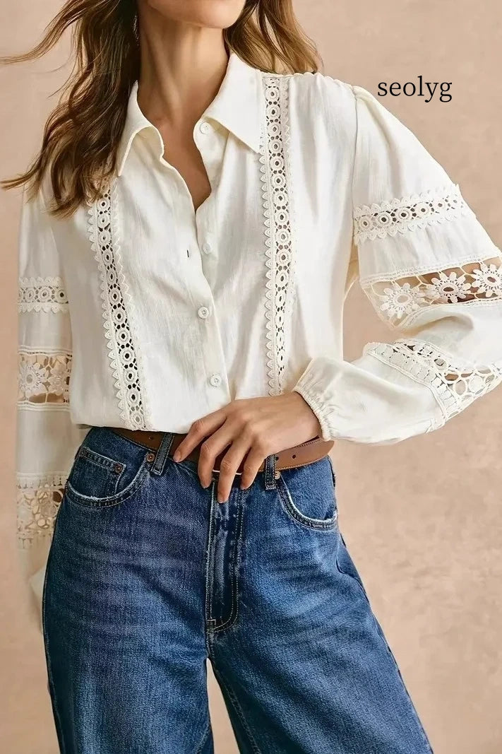 Elegant Lace Trim Cutout Panel Long Sleeve Blouse
