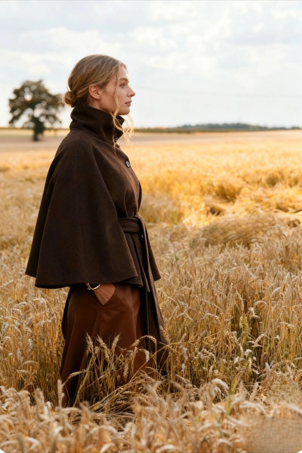 Button Up Stand Collar Cape Coat