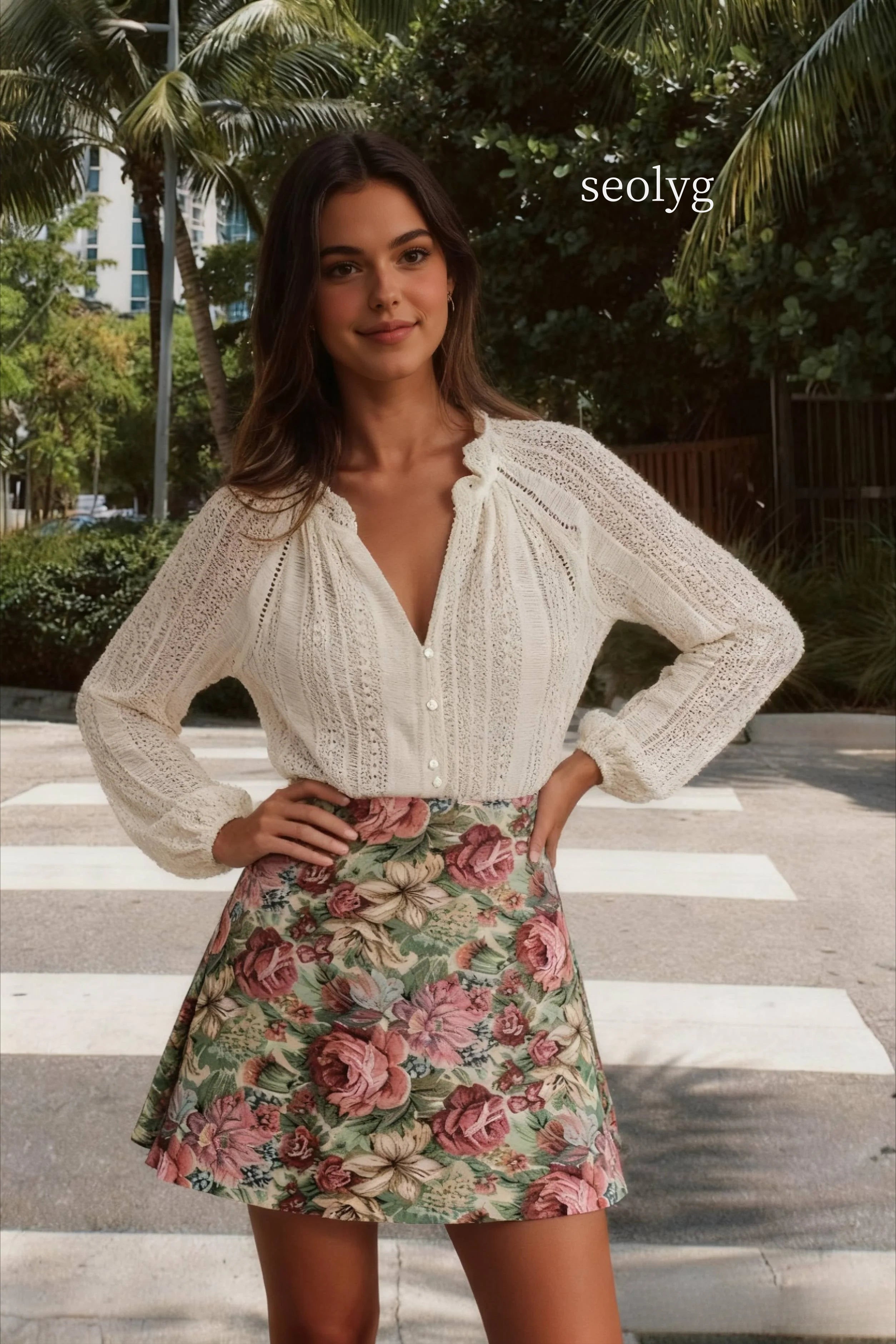 Long V-Neck Lace Button Up Shirt