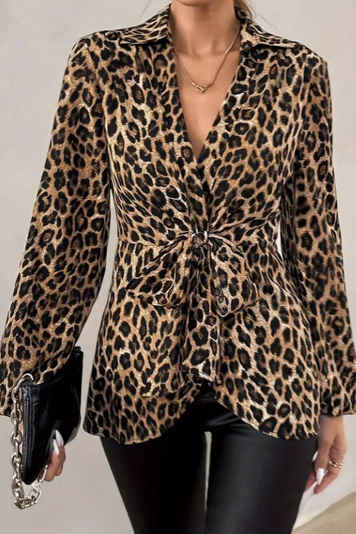 Leopard Print Tie Front V Neck Lightweight Elegant Blouse